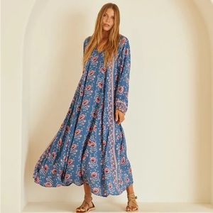 NWT Natalie Martin Vintage Flower Maxi Caftan, Azure, S